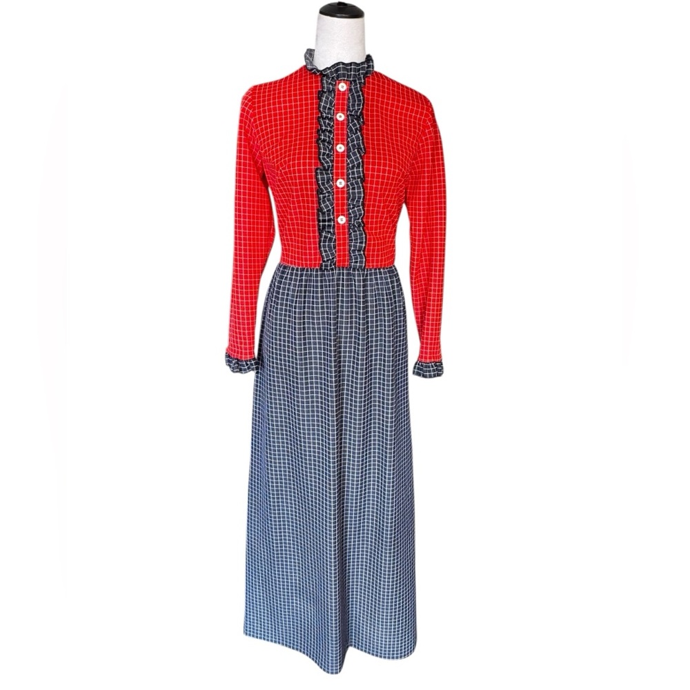 BAYBERRY Vintage 1970s Maxi Prairie Dress Red White Blue Ruffle Womens 14